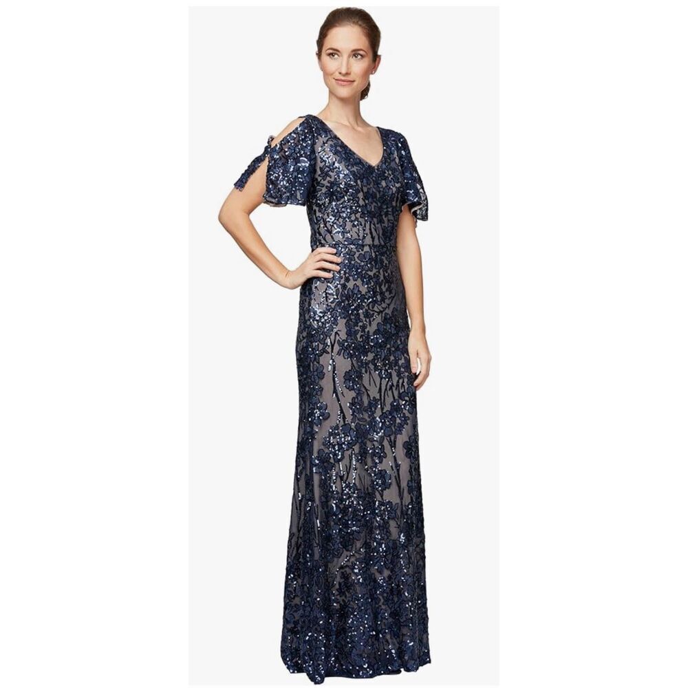 Alex Evenings Sequin Dress with Cold Shoulder Flutter Sleeves Size 14